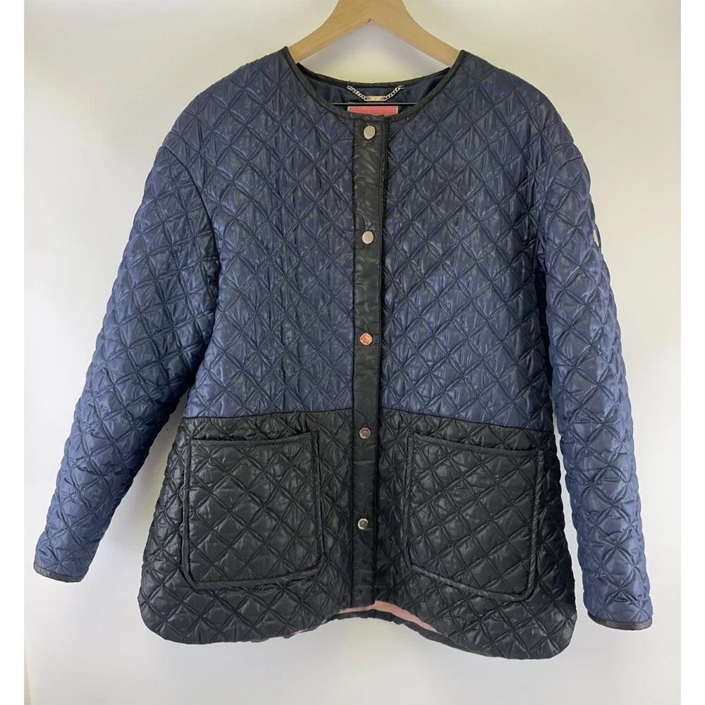 Kate Spade‎ Quilted Color Block Jacket Navy Black Snap Collarless Womens Large